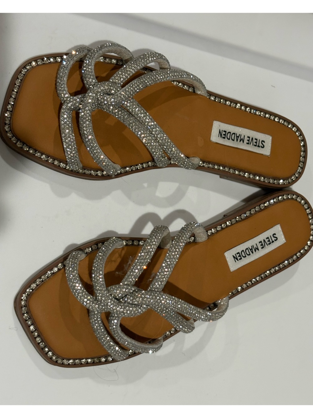 Steve Madden Silver Crystal-Strap Slide Sandals
